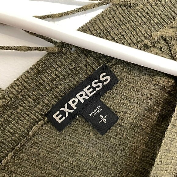 EXPRESS Lace Up Back Circle Hem Sweater Olive Green 3/4 Sleeve Lattice Cotton S - Picture 6 of 16